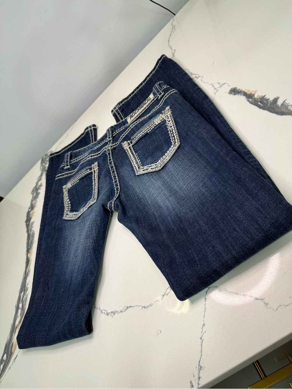 Rock & Roll Cowgirl Jeans 27x34 Low Rise Thick Stitch Dark Wash Stretch Bootcut